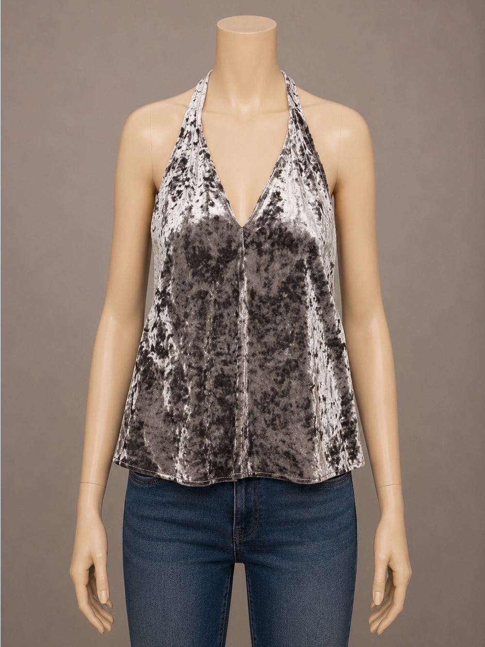 Zara Gray Silver Crushed Velvet Halter Tank Open Back S NWT